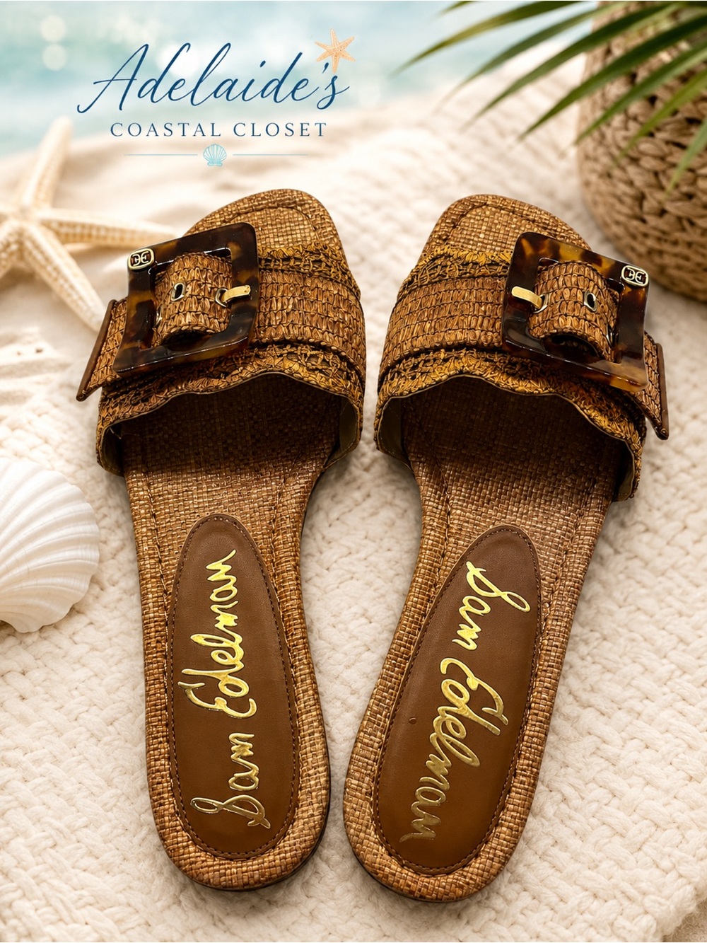 Sam Edelman Bambi Cuoio Raffia Tortoise Buckle Slide Sandals 9.5